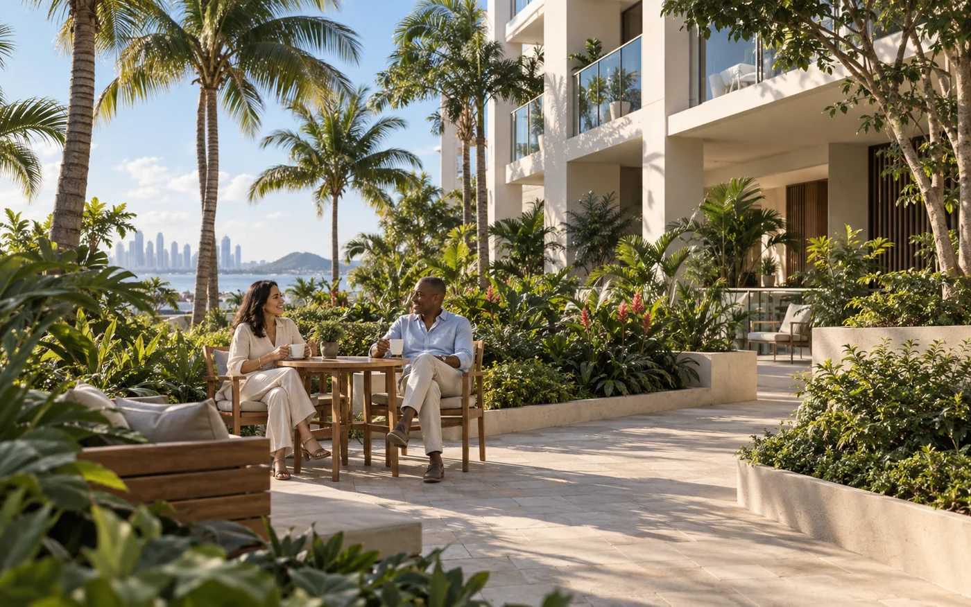 Escena conceptual de vecinos conversando en el jardín de una comunidad residencial tropical