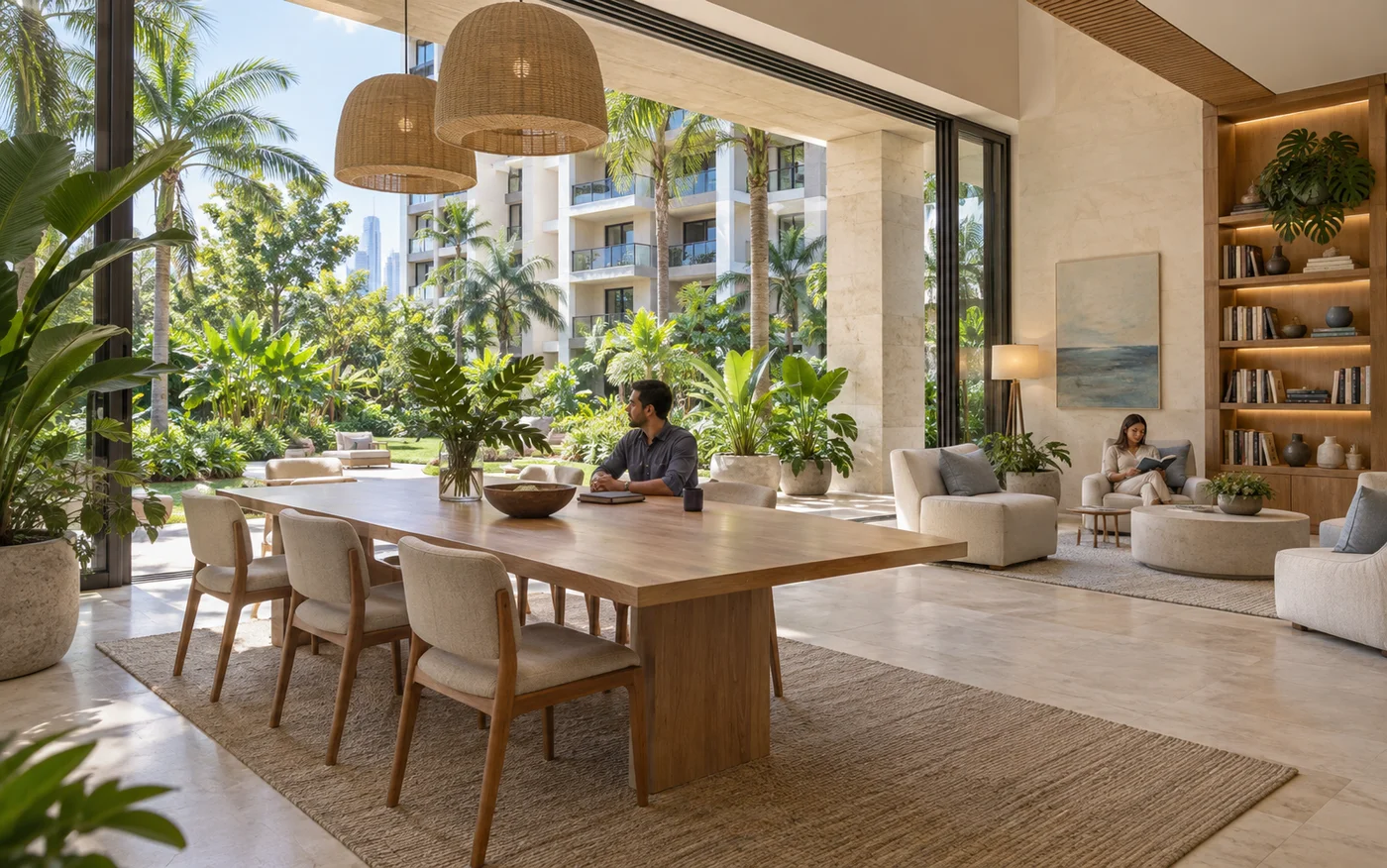 Sala comunitaria conceptual de lectura y trabajo, con madera natural y vistas hacia un jardín tropical