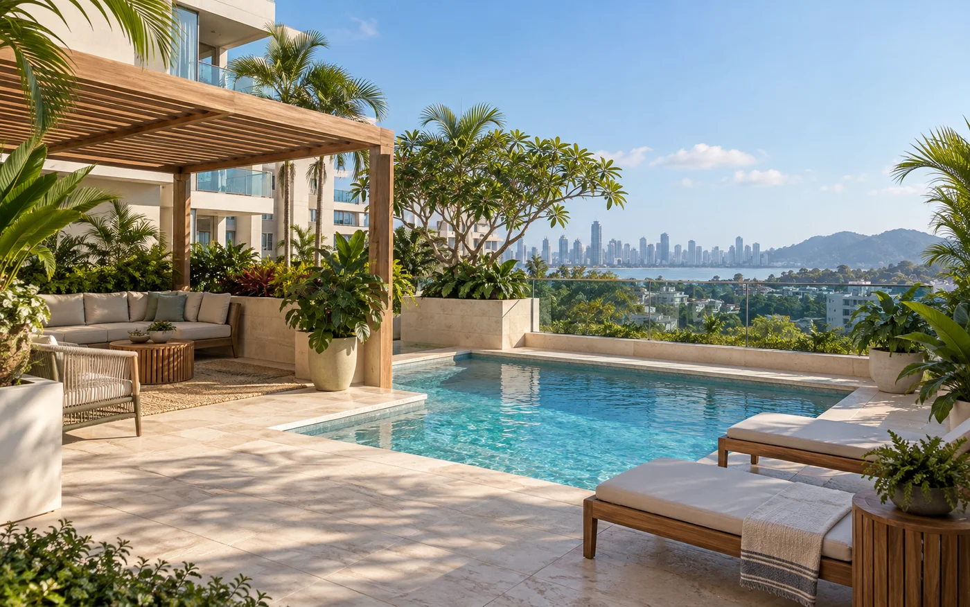 Terraza residencial conceptual con piscina, pérgola y plantas tropicales bajo el cielo de Panamá